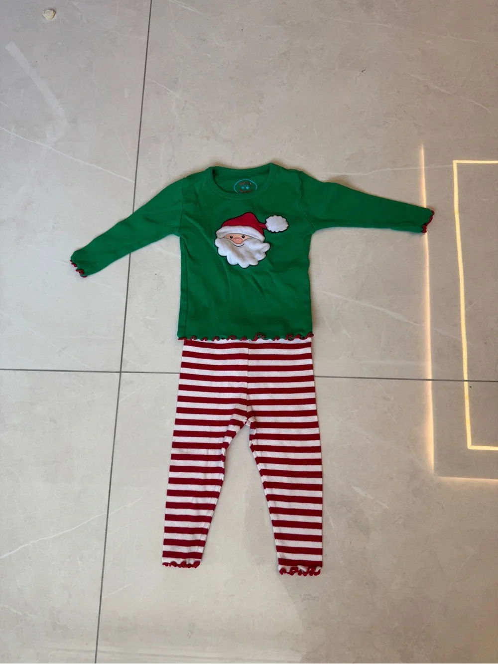 Sara's Prints Green Santa Top with Red & White Stripe Pajama Pants